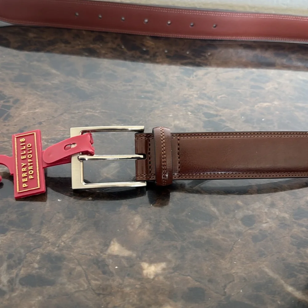 New! Perry Ellis Portfolio Men's Brown Leather Dress Belt, Size Small (30-32)